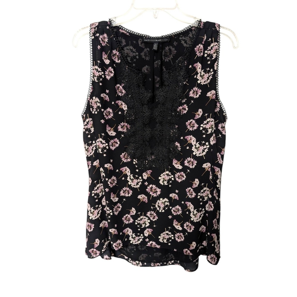 White House Black Market Floral Lace Trim V-Neck Sleeveless Blouse Black Pink M